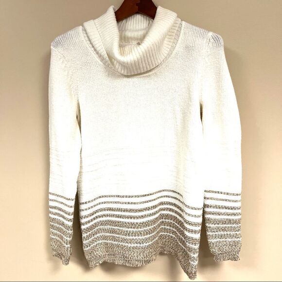 MCalvin Klein off white sweater turtleneck with metallic stripes  S/XS - Picture 1 of 8